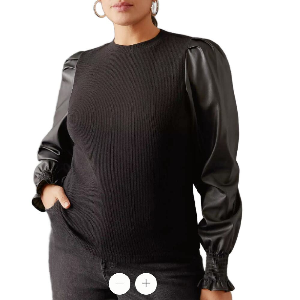 Anthropologie Dolan Black Faux Leather Long Puff Sleeve Top Size 1X Rib Knit